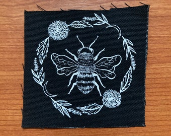 Bee Canvas Patch, Honey Bee Screen Printed Cotton Appliqué, Bee & Lavender Illustrated  Sew on Patch for Hoodies, Bee and Florals Drawing