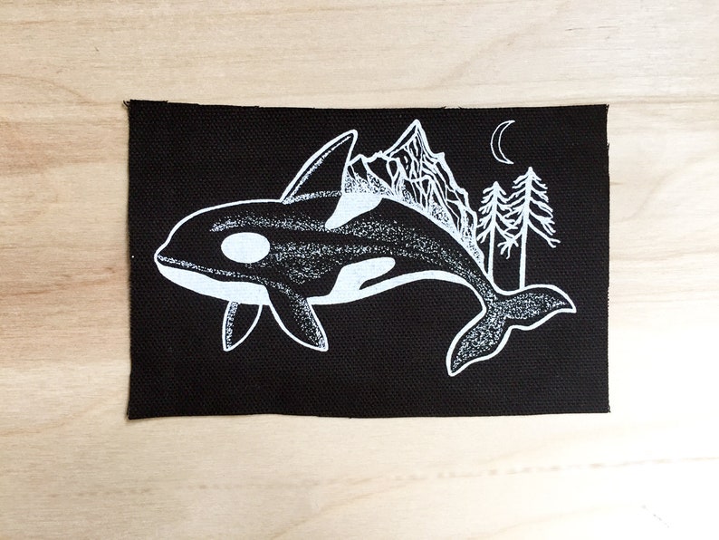 Orca Screen Printed Patch/ Killer Whale Sew on Badge/ B&W Orca Illustration Canvas Back Patch/ Whale Art Jacket Appliqué, Celestial Whale image 5