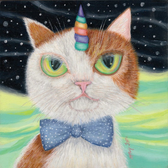 Cat Unicorn Art Print, Orange White Cat Square Print Wall Art