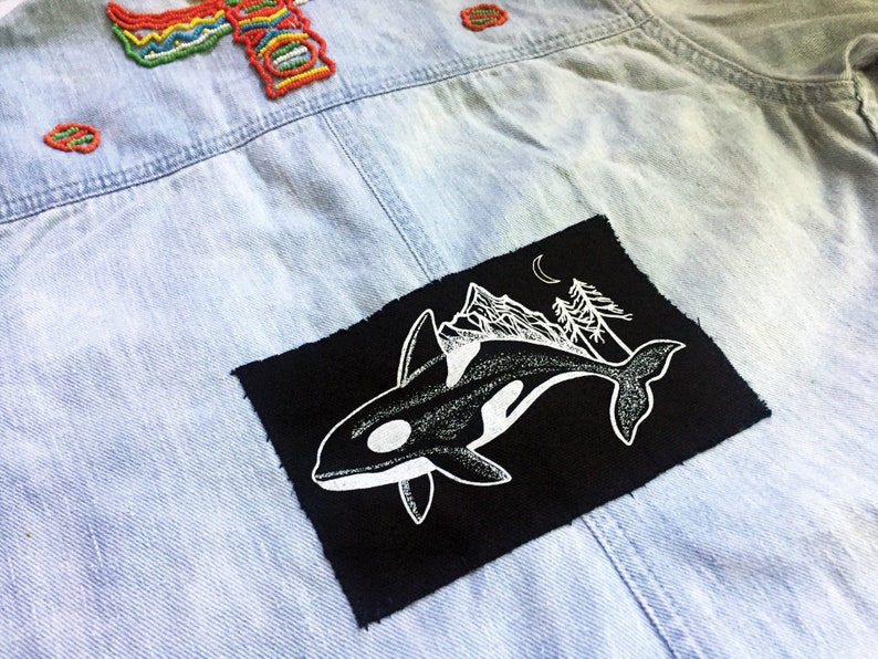 Orca Screen Printed Patch/ Killer Whale Sew on Badge/ B&W Orca Illustration Canvas Back Patch/ Whale Art Jacket Appliqué, Celestial Whale image 1