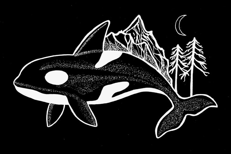 Orca Screen Printed Patch/ Killer Whale Sew on Badge/ B&W Orca Illustration Canvas Back Patch/ Whale Art Jacket Appliqué, Celestial Whale image 6