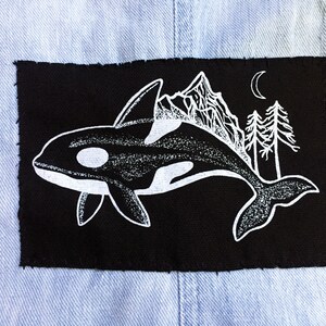 Orca Screen Printed Patch/ Killer Whale Sew on Badge/ B&W Orca Illustration Canvas Back Patch/ Whale Art Jacket Appliqué, Celestial Whale image 2