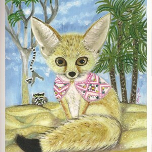 May include: A painting of a fennec fox wearing a pink and white patterned scarf. The fox is sitting on a sandy surface with palm trees in the background. The painting is titled "Fennec Fox & Some Lemurs Too!" and is signed by the artist, Amy Tom.