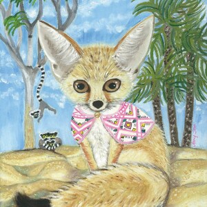 May include: A painting of a fennec fox wearing a pink and white patterned shawl. The fox is sitting on a sandy surface with two lemurs in the background.