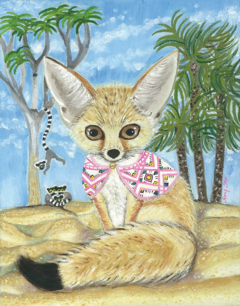 May include: A painting of a fennec fox wearing a pink and white patterned shawl. The fox is sitting on a sandy surface with two lemurs in the background.