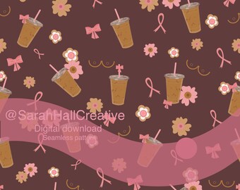 Modèle sans couture de sensibilisation au cancer du sein café glacé | Aquarelle avec ruban rose (téléchargement numérique)