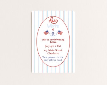 Modèle d'invitation d'anniversaire rouge, blanc et deux | Invitation pour une fête de 2 ans | Modifiable par Corjl