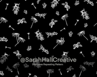 Modèle sans couture d'insectes de jardin | Répétition de cigale coccinelle sauterelle | Motif estival inspiré de la nature | Téléchargement instantané
