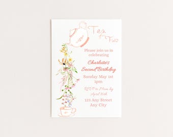 Invitation d'anniversaire « Thé pour deux » | Fête d'anniversaire florale pour les 2 ans (Téléchargement instantané)