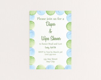 Invitation pour une fête prénatale sur le thème des couches et des lingettes | Modèle Corjl vert et bleu (Téléchargement instantané)