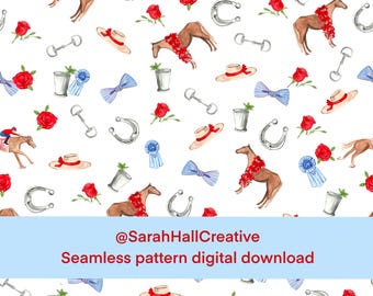 Modèle sans couture Kentucky Derby | Conception du sud des courses de chevaux | Mint Julep, chevaux | Scrapbook numérique en tissu