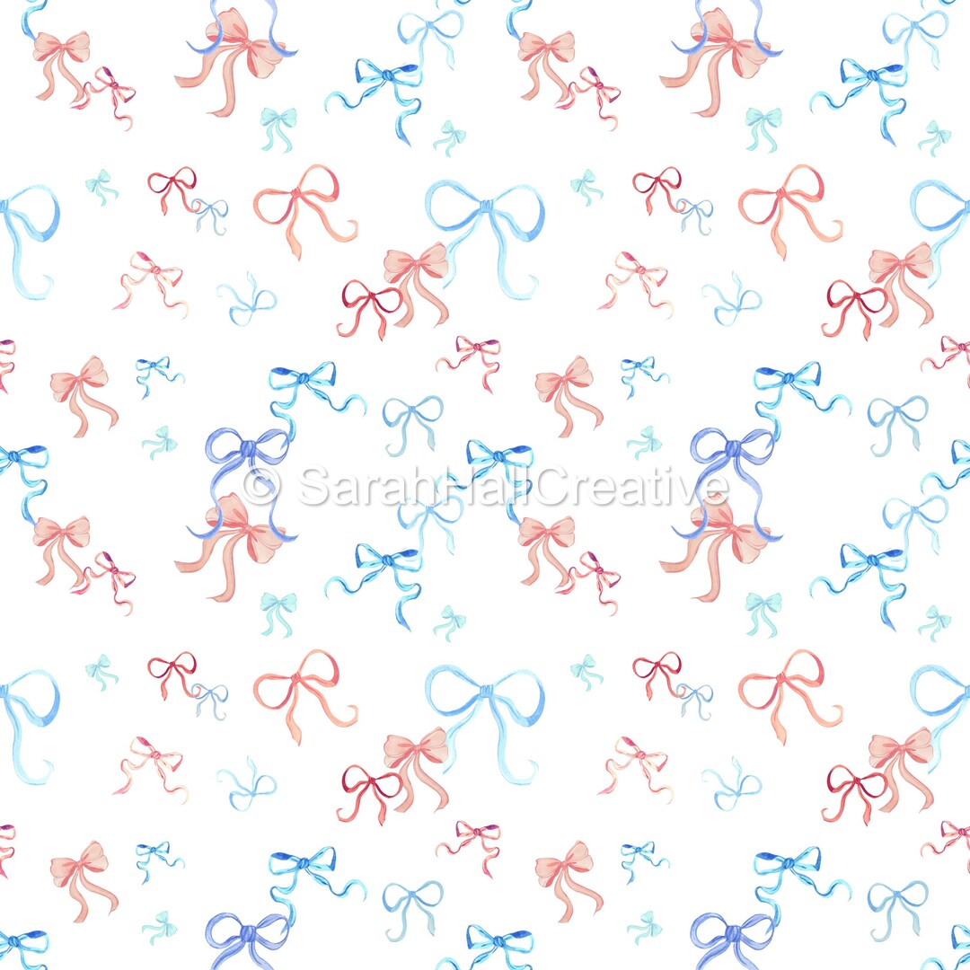 Pink Blue Bow Watercolor Seamless Pattern, Preppy Ribbon Fabric Design ...