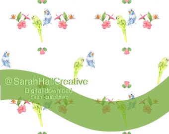 Motif tropical sans couture d'oiseaux amoureux à l'aquarelle, design de tissu d'été (téléchargement numérique)