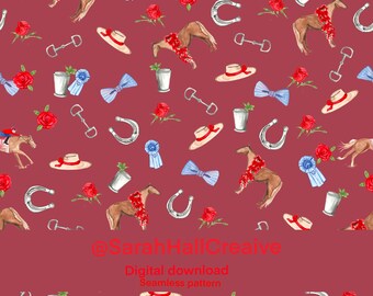 Modèle sans couture Kentucky Derby | Conception du sud des courses de chevaux | Mint Julep, chevaux | Scrapbook numérique en tissu