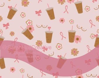 Motif sans couture « Café glacé » pour la sensibilisation au cancer du sein | Motif aquarelle ruban rose (Téléchargement numérique)