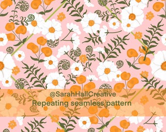 Motif floral rétro sans raccord | Fleurs roses et orange style années 70, aquarelle (Téléchargement instantané)