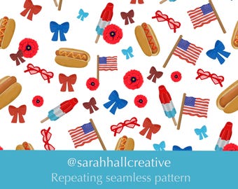 Modèle sans couture patriotique | Répétition d'arc pop bombe hotdog des États-Unis | Conception d'été Americana | Téléchargement instantané