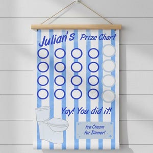 May include: A blue and white striped prize chart with the text "Julian's Prize Chart". The chart has circles for tracking progress and a toilet graphic. The text "Yay! You did it!" and "Ice Cream for Dinner" are also included.