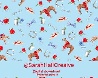 Modèle sans couture Kentucky Derby | Conception du sud des courses de chevaux | Mint Julep, chevaux | Scrapbook numérique en tissu