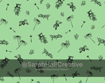 Modèle sans couture d'insectes de jardin | Répétition de cigale coccinelle sauterelle | Motif estival inspiré de la nature | Téléchargement instantané