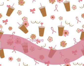 Modèle sans couture de sensibilisation au cancer du sein café glacé | Aquarelle avec ruban rose (téléchargement numérique)