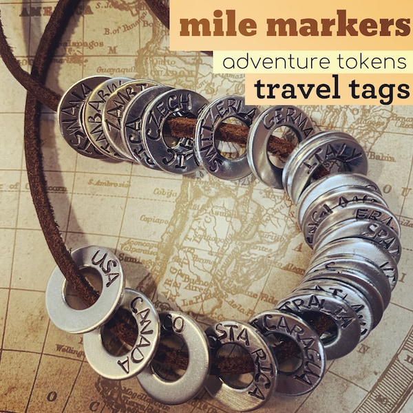 Travel collection leather necklace keepsake memories countries traveled adventure go places explore tags tokens mile markers travels