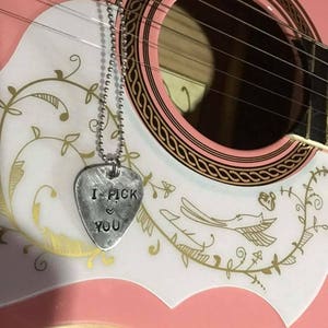 Handmade guitar pick stainless steel metal necklace for music lovers songs quotes words genre love bass player bands gig bands image 3