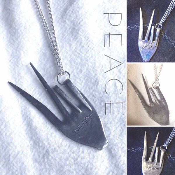 Peace Sign Necklace up cycled silverware fork pendant key chain one of a kind silverware stamped hand bent peaceful fingers
