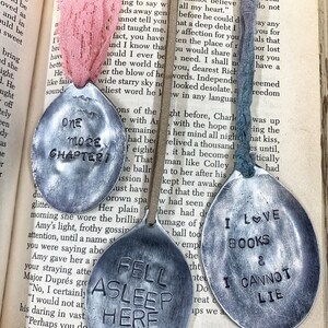Stamped spoon bookmark one of a kind book lover gift real silverware accessories page marker silver quote ladies READ PAST BEDTIME image 8