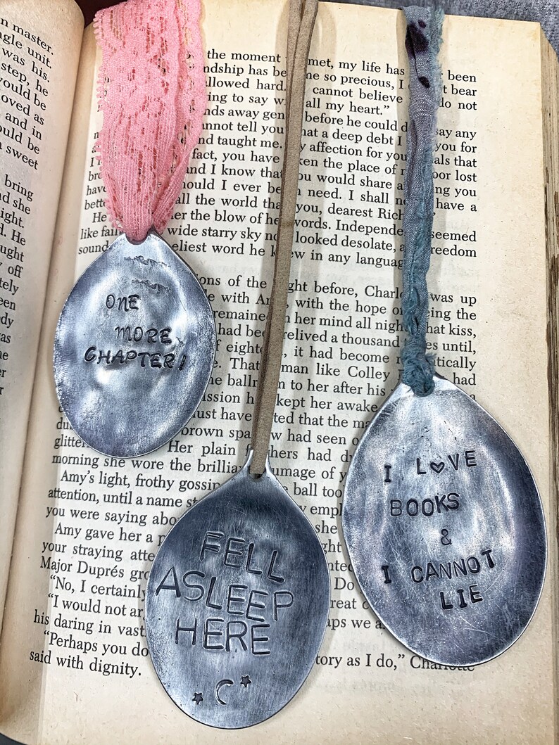 Stamped spoon bookmark one of a kind book lover gift real silverware accessories page marker silver quote ladies read image 7