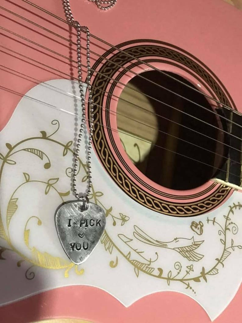 Handmade guitar pick stainless steel metal necklace for music lovers songs quotes words genre love bass player bands gig bands image 3