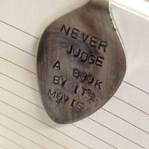 Stamped spoon bookmark one of a kind book lover gift real silverware accessories page marker silver quote ladies READ PAST BEDTIME image 7