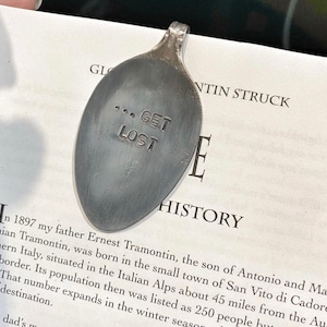 Stamped spoon bookmark one of a kind book lover gift real silverware accessories page marker silver quote ladies READ PAST BEDTIME image 3