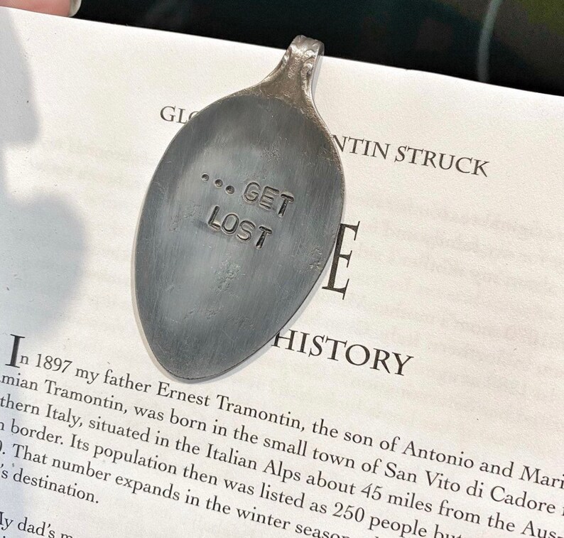 Stamped spoon bookmark one of a kind book lover gift real silverware accessories page marker silver quote ladies READ PAST BEDTIME image 3