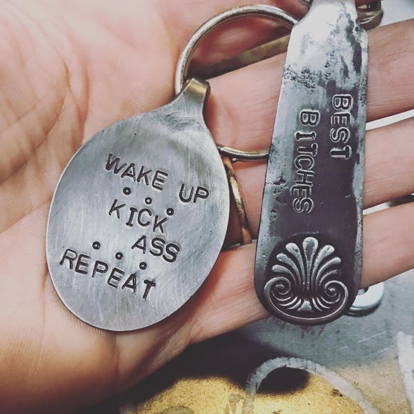 Spoon custom keychain flatten silverware wake up kick ass repeat unique best friends key ring message carry keys everywhere