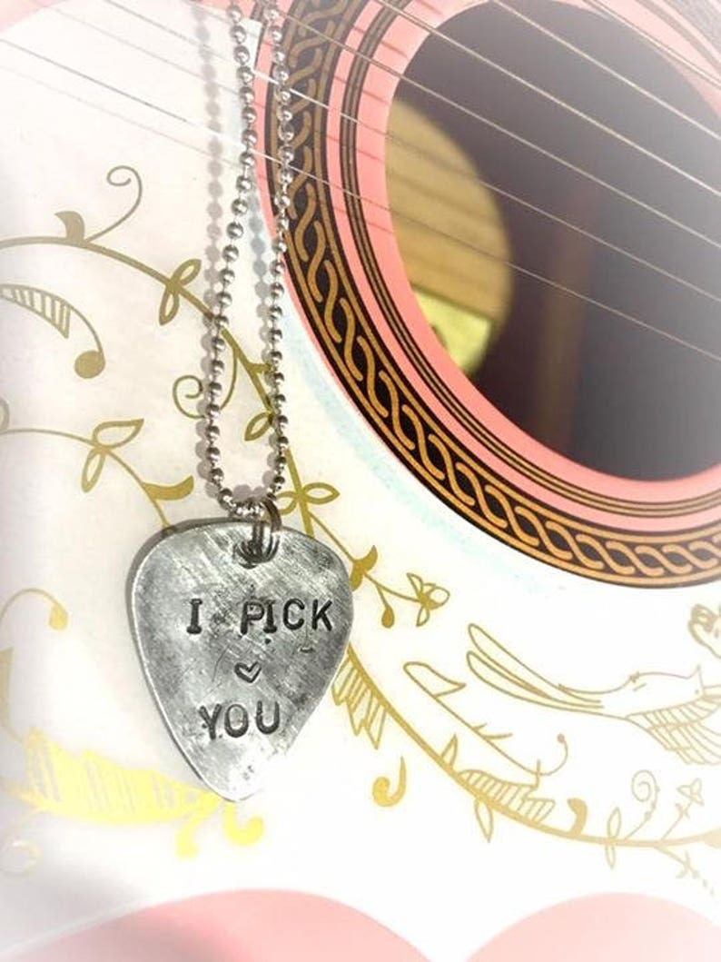 Handmade guitar pick stainless steel metal necklace for music lovers songs quotes words genre love bass player bands gig bands image 4
