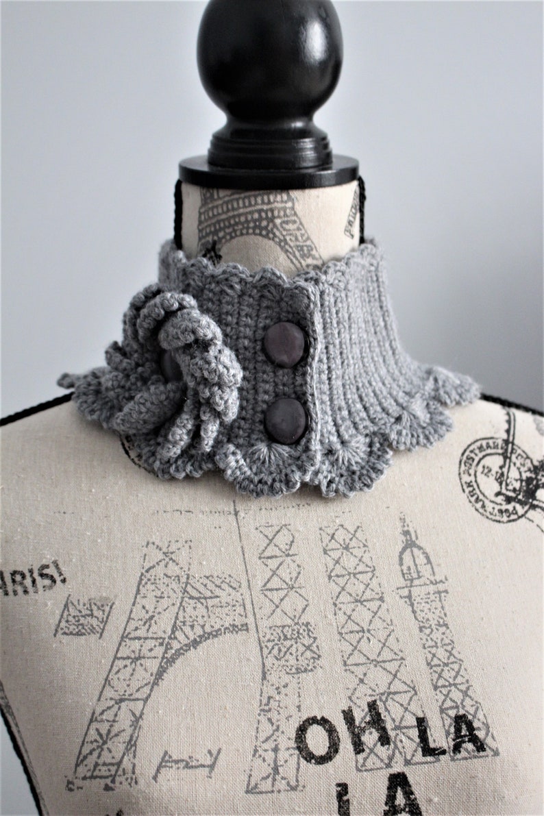 collar embellishment Grey hand knitted neck warmer unique handmade gift for women winter accessory autumn fashion mini scarf for women