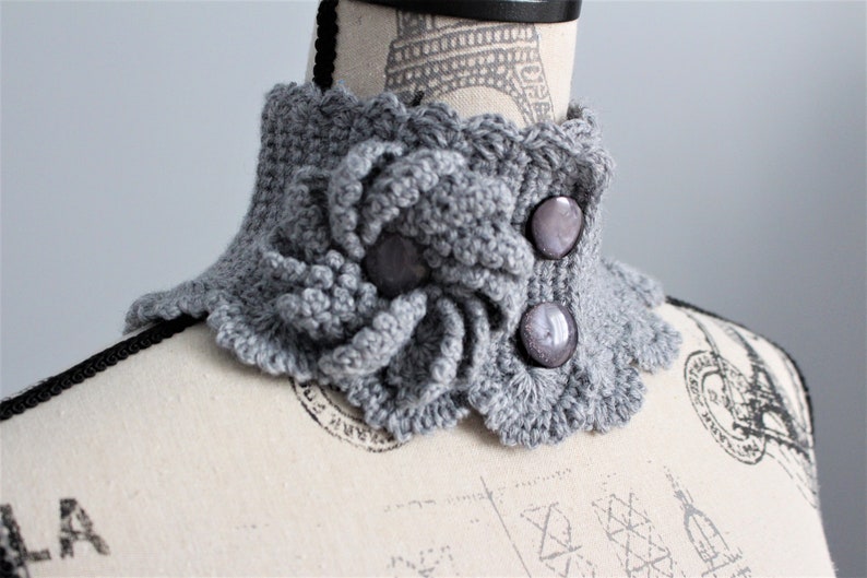 collar embellishment Grey hand knitted neck warmer unique handmade gift for women winter accessory autumn fashion mini scarf for women