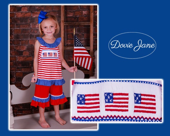 Smocked A Lot Shorts Set American Flag July 4 Independence Day Dress Deployment