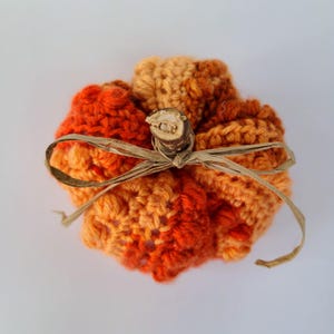 May include: A handmade crochet pumpkin in shades of orange and brown, with a twig stem and raffia bow. The pumpkin is a decorative item, perfect for fall or Thanksgiving decor.