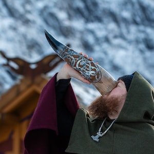 RuneStone Drinking Horn W/ Adjustable Leather Shoulder Strap