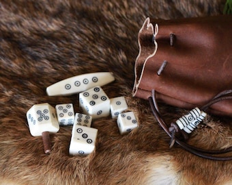 Handmade Viking Bone Dice Set with Leather Pouch