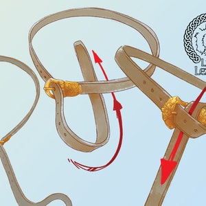 Op de afbeelding: Diagram dat laat zien hoe je een bruine leren riem met een gouden gesp draagt. De riem wordt in drie verschillende posities getoond, met pijlen die de richting van de riem aangeven. De tekst "Lykos Leather" is zichtbaar in de rechterbovenhoek van de afbeelding.