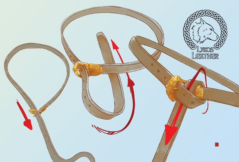 Op de afbeelding: Diagram dat laat zien hoe je een bruine leren riem met een gouden gesp draagt. De riem wordt in drie verschillende posities getoond, met pijlen die de richting van de riem aangeven. De tekst "Lykos Leather" is zichtbaar in de rechterbovenhoek van de afbeelding.