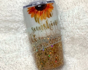 Sunflower Tumbler, Glitter Tumbler, Glitter Dipped Tumbler, Stainless Steel Tumbler, Hello Sunshine Tumbler, Epoxy Tumbler