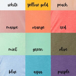 May include: A colour chart showing different tank top colours. The colours are: white, yellow gold, peach, mauve, orange, red, mint, green, olive, blue, aqua, and purple.