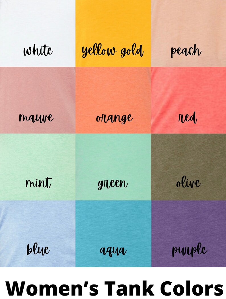 May include: A colour chart showing different tank top colours. The colours are: white, yellow gold, peach, mauve, orange, red, mint, green, olive, blue, aqua, and purple.