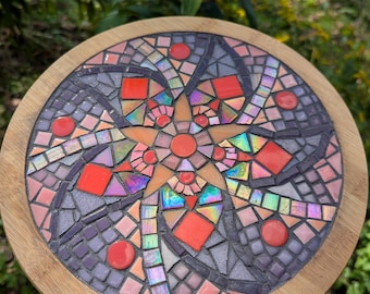 Handmade Glass Mosaic Lazy Susan: Red, Purple, Peach, 12" Bamboo Turntable