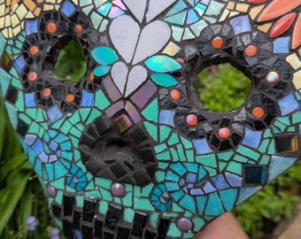 Sugar Skull Mosaic Mask - Concrete & Ceramic wall art - handmade in USA - unique and quirky artist gift