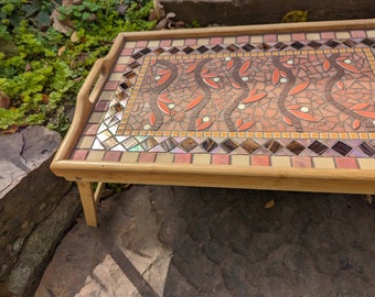 Mosaic Serving Tray - 14 x 22 inches - Folding Lap Desk with Glass Tile -  Bamboo Tray Table - OOAK gift idea - Handcrafted Tile Mosaic